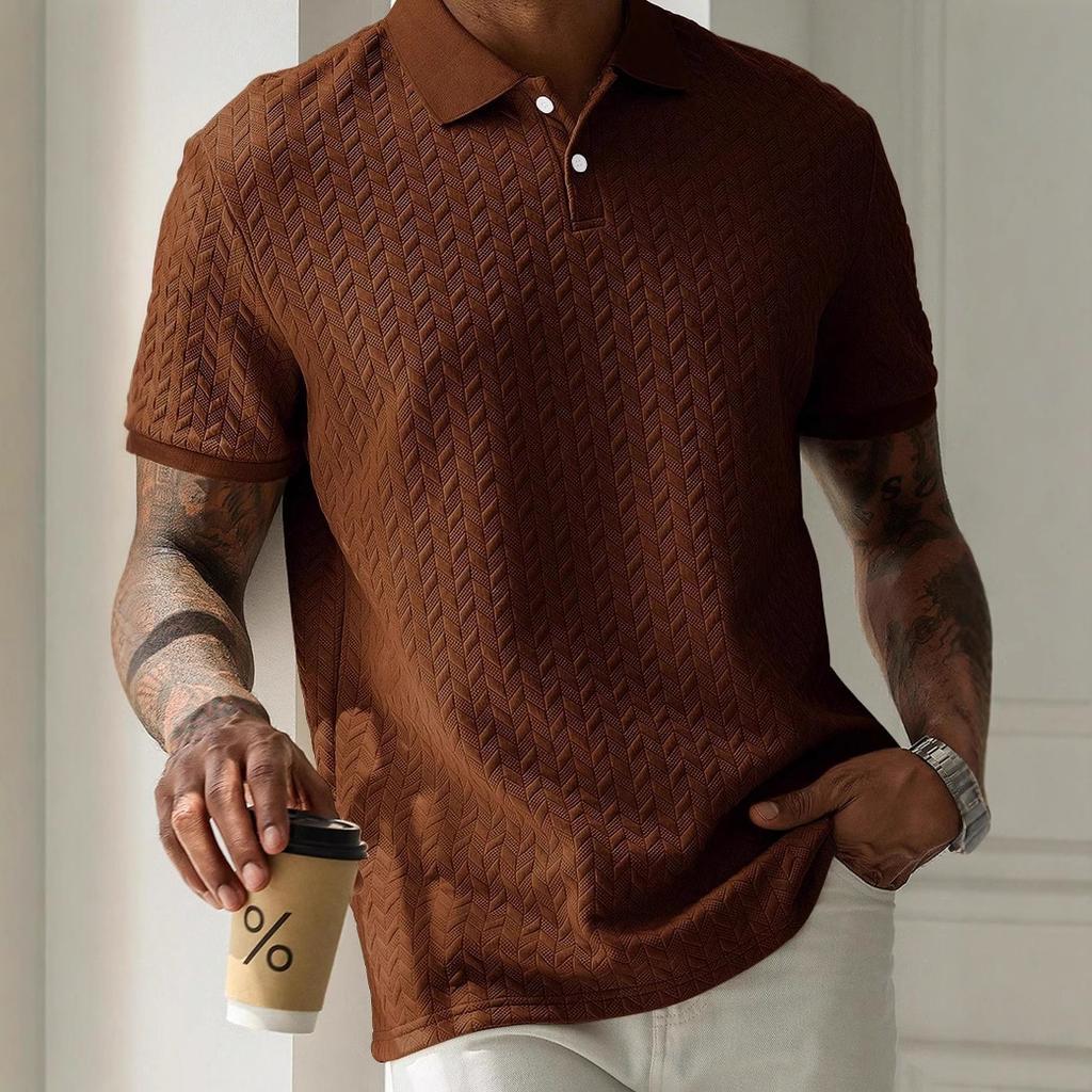 Men's Short Sleeve Knit Texture Polo Shirt Button Collar Casual Top