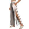 Women Striped Side Hook and Loop Closure Easy Open Post Surgery Recovery Pants Elastic Waistband Long Length Medical Care Trousers