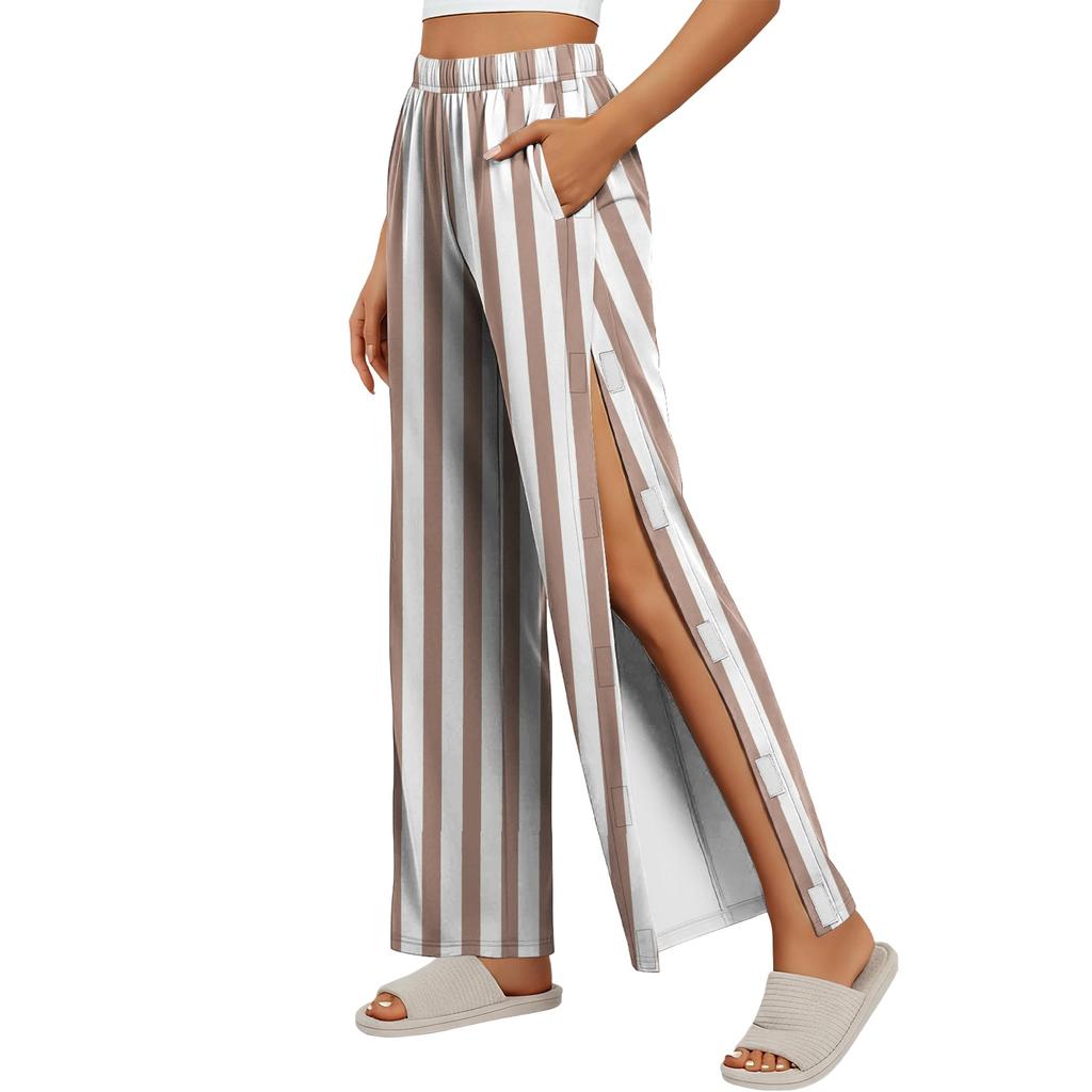 Women Striped Side Hook and Loop Closure Easy Open Post Surgery Recovery Pants Elastic Waistband Long Length Medical Care Trousers