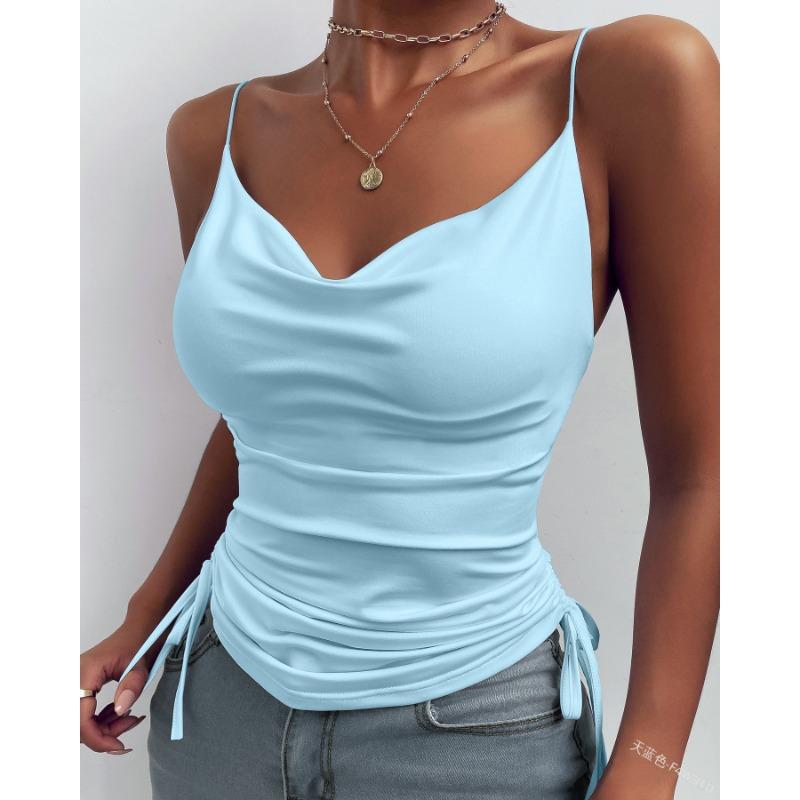 Summer Women Inner Tank Top Solid Color Deep V Neck Casual Tank Top with Thick Drawstring