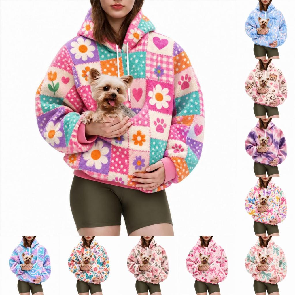 Women's Candy Color Print Hoodie with Pet Pouch for Casual Wear