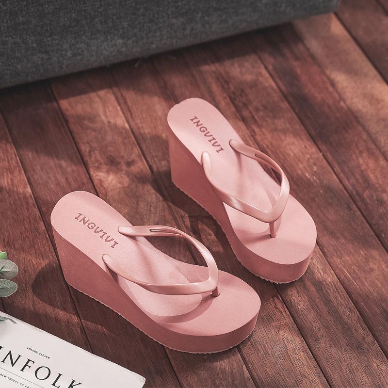 Effen Kleur Hoge Hak Plateau Zomer Dames Schoenen Strand Slippers Skateboard Pantoffels Casual Outdoor Instappers voor Vrouwen