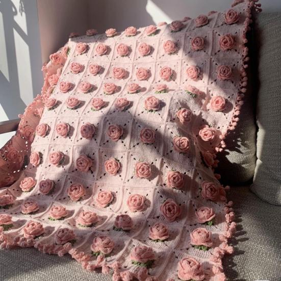 Yousheng DIY Crochet Rose Flower Blanket Kit Handmade Yarn Knitting Floral Throw Blanket Mother's Day Valentines Day Birthday Women Beginner Gift
