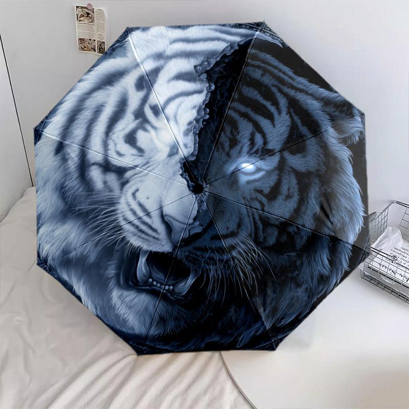 Ferocious Tiger Pattern, Automatic Folding Umbrella, Portable and Foldable Design, 8 Ribs, a Christmas or Birthday Gift.