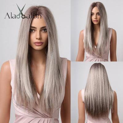 Ash Grey Brown Mixed Synthetic Wigs for Women Long Straight Middle Part Hair Wigs Daily Cosplay Use Heat Resistant