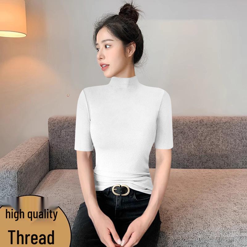 Koreanisches Schickes Enganliegendes Geripptes T-Shirt mit Halbem Stehkragen und Fünf-Punkt-Ärmeln