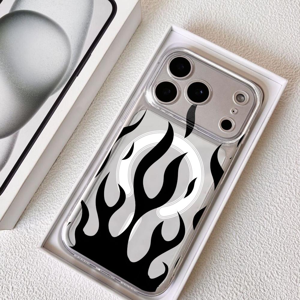 Black Flame Phone Case For iPhone 17 16 15 14 13 12 Pro Max Plus With Magnetic Crystal Clear Case Wireless Charge