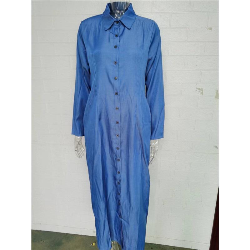 Women's Denim Maxi Dress Tencel Linen Cotton Blend Polo Collar Button Down Long Sleeve Casual Dress With Pockets
