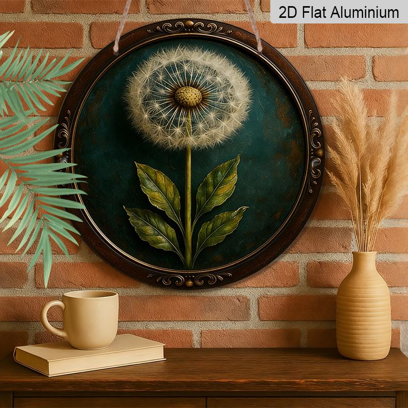 2D Flat, 1pc Vintage Aluminum Metal Sign Wall Art, Dandelion Design with Teal Background & Ornate Golden Frame, 7.87in Indoor/Outdoor Home Cafe