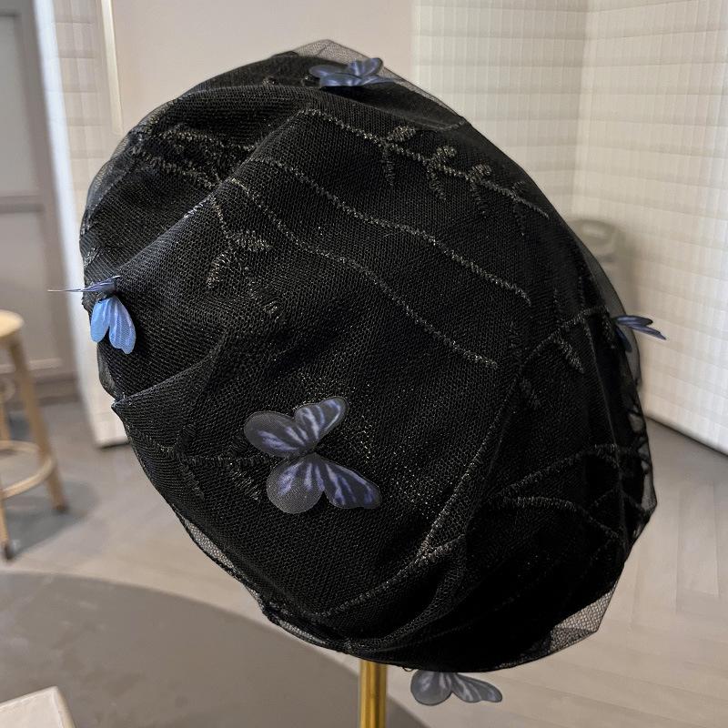 3D Butterfly Mesh Beret Hat For Women Sweet Japanese Style Summer Thin Face Slimming Painter Hat Small Bud Hat