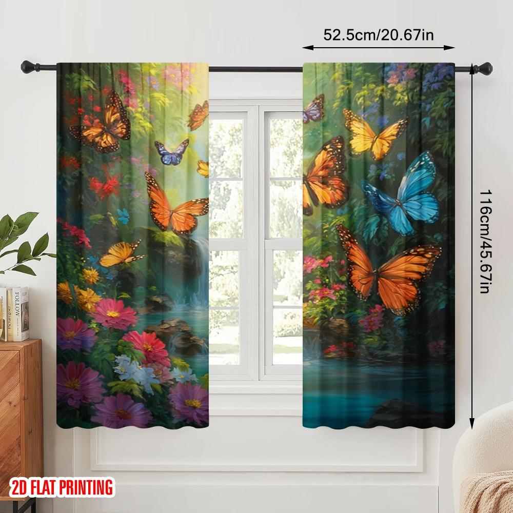 2pcs,2D Plane Printing Light Filtering Curtains Butterfly Paradise 100% Polyester (without Rod) Festive for Bedroom Living Room
