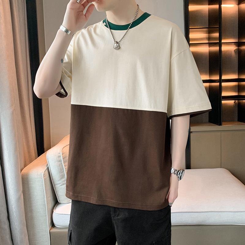 Summer Color Blocking Splicing Design Men's T-shirt Loose Shoulder Short Sleeved T-shirt