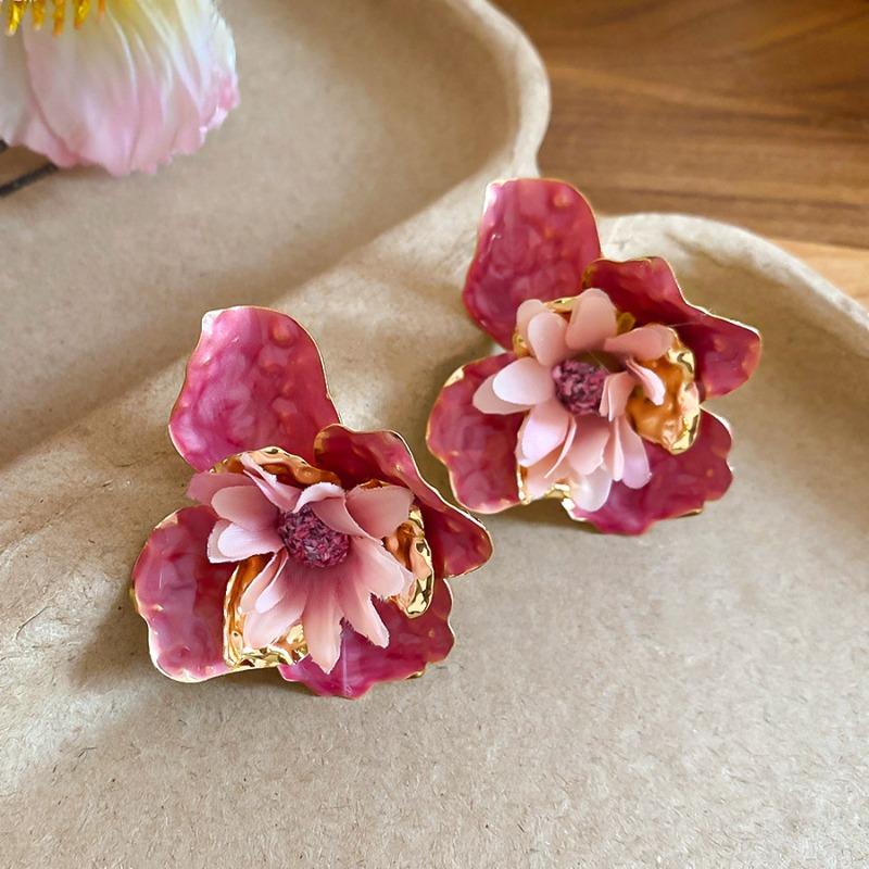 Steel needle oil dripping fabric flower stud earrings small fresh sweet elegant temperament earrings summer seaside vacation style earrings