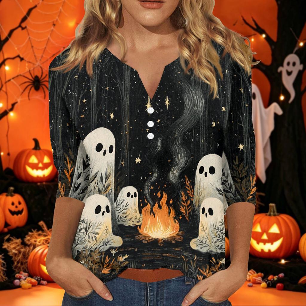 Women's Halloween Print V-Neck 3/4 Sleeve T-Shirt with Decorative Buttons Casual Top