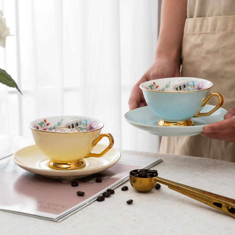 Ceramic Coffee Cup with Plate Gold Edged Colored Porcelain Cafe Cup Afternoon Dessert Porcelain Tea Cup Set Kitchen Accessories
