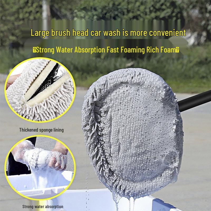 Telescopic Car Wash Brush: Curved Rod with Soft Bristles, Long Handle, Portable and Gentle on Vehicle Surfaces.