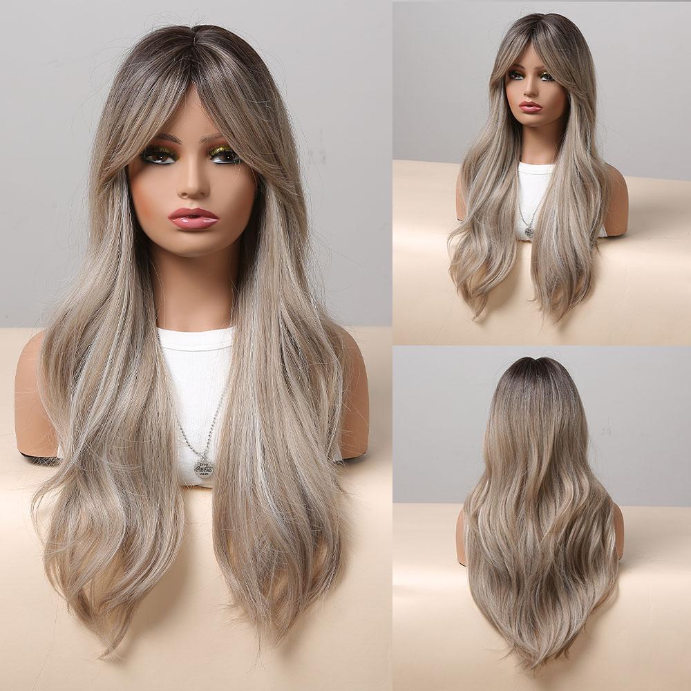 Synthetic Wigs Long Natural Wavy Wig Ombre Brown Golden Highlight Blonde Layered Hair with Side Bangs for Women Heat Resistant