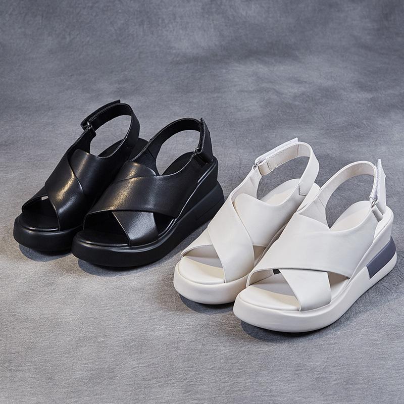 Soft leather wedge sandals female 2025 summer new high-heeled open-toed fairy style versatile platform muffin cross sandals