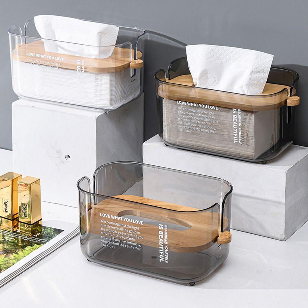 Waterproof Transparent Tissue Box Bamboo Lid Facial Tissue Holder  Bathroom