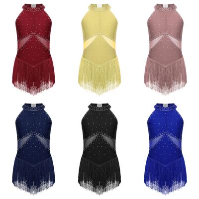 Kids Girls Shiny Sheer Mesh Tassel Hem Latin Dance Dress Samba Jazz Dance Leotard Dress