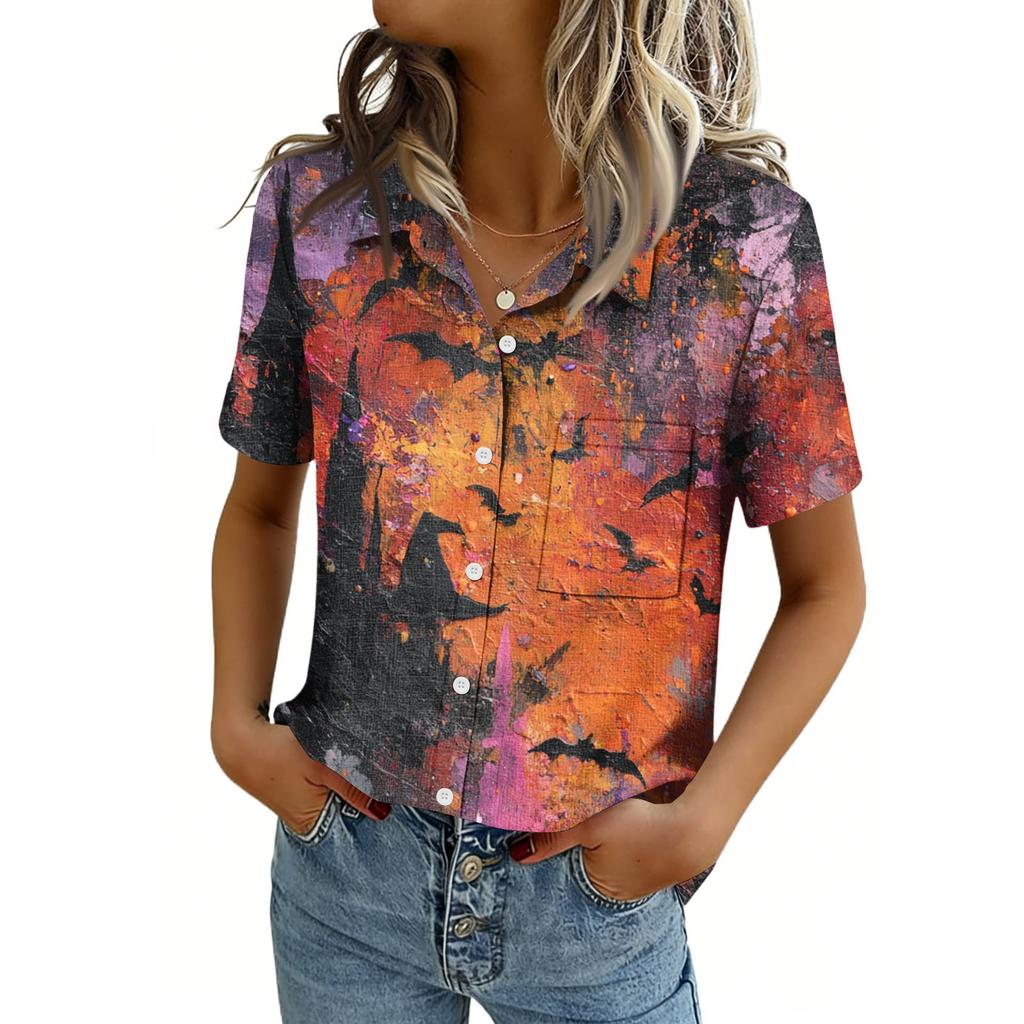Women's Casual Short Sleeve Button Down Shirt with Pocket for Independence Day