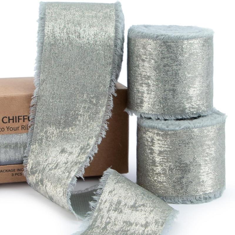 5 Yards Frayed Edged Satin Handmade Bronzing Ribbon for Wedding Invitation Bouquets Birthday Party DIY Decoration Gift 3Roll