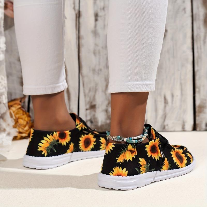 Ladies Casual Round Toe Slip-On Shoes Black, Breathable, Anti-Slip, Sunflower Pattern, Easy to Wear, Flat Heel, Fabric Upper, EVA Sole, Fabric Insole
