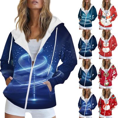 Moletom feminino estampado de natal inverno manga comprida cardigan jaqueta com bolsos zíper capuz agasalho