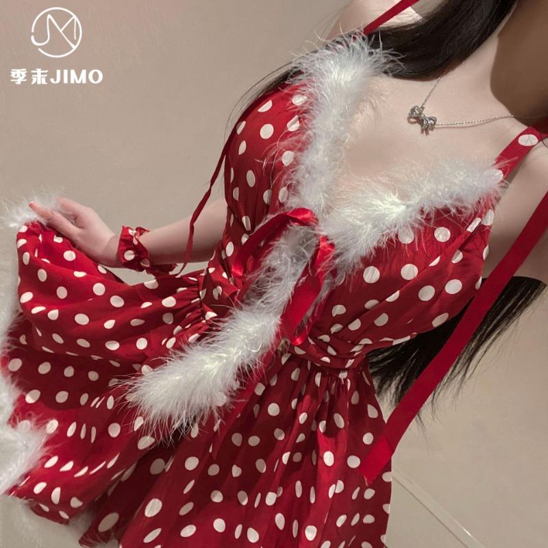 Sex underwear red polka dots Christmas atmosphere V-neck polka dots splicing fluffy princess dress pure desire