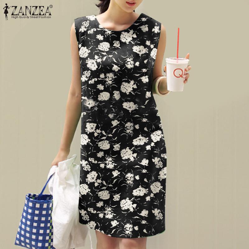 

ZANZEA Женское летнее повседневное платье без рукавов с цветочным принтом и круглым вырезом