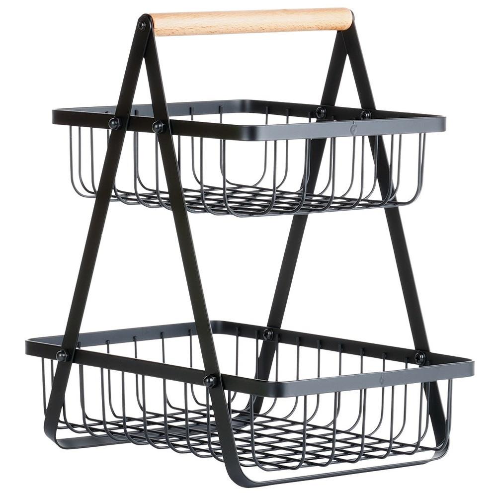 Two-tiered Basket for Fruits and Vegetables, Black Metal Platter, Basket