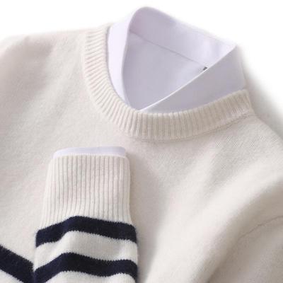 Gestreifter Herren-Pullover aus reiner Wolle mit Rundhalsausschnitt, lässig, dicker Strick für Herbst & Winter
