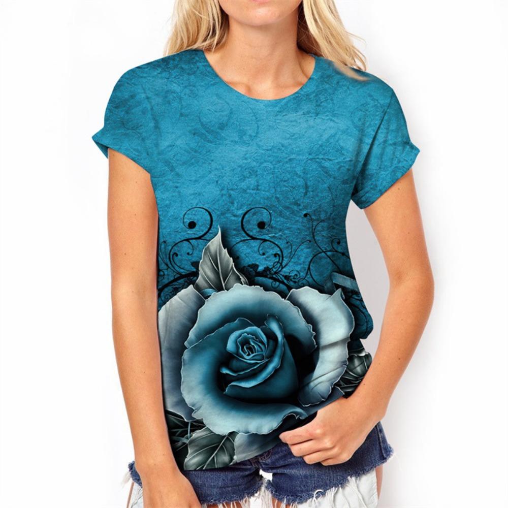 3D Rose Blume Print T Shirt Sommer Kurzarm Top Fashion Floral Grafik Harajuku T-shirts Für Frauen Kleidung T-Shirts Mädchen