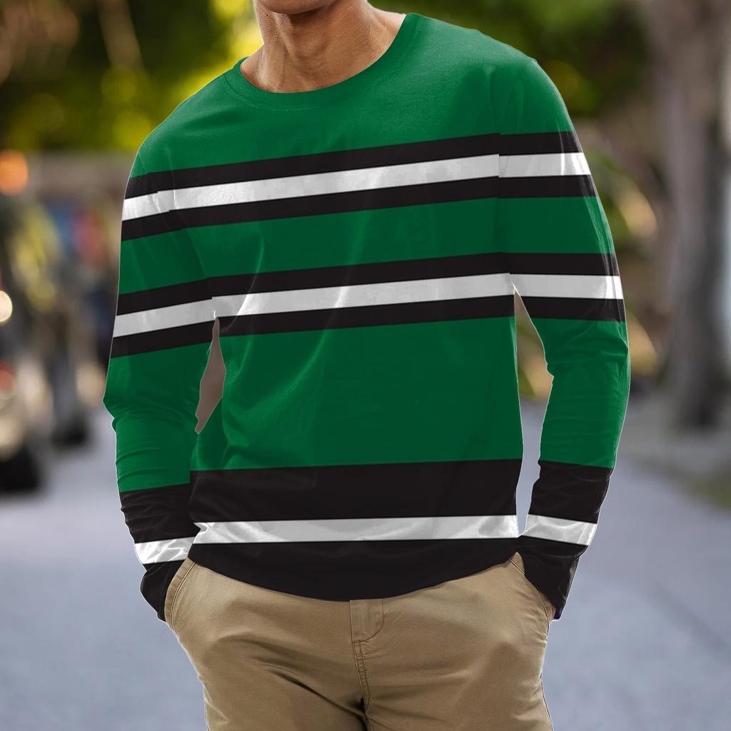 Men's Fashion Casual Stripe Printed Long Sleeve O-Neck Shirts Tops Blouse