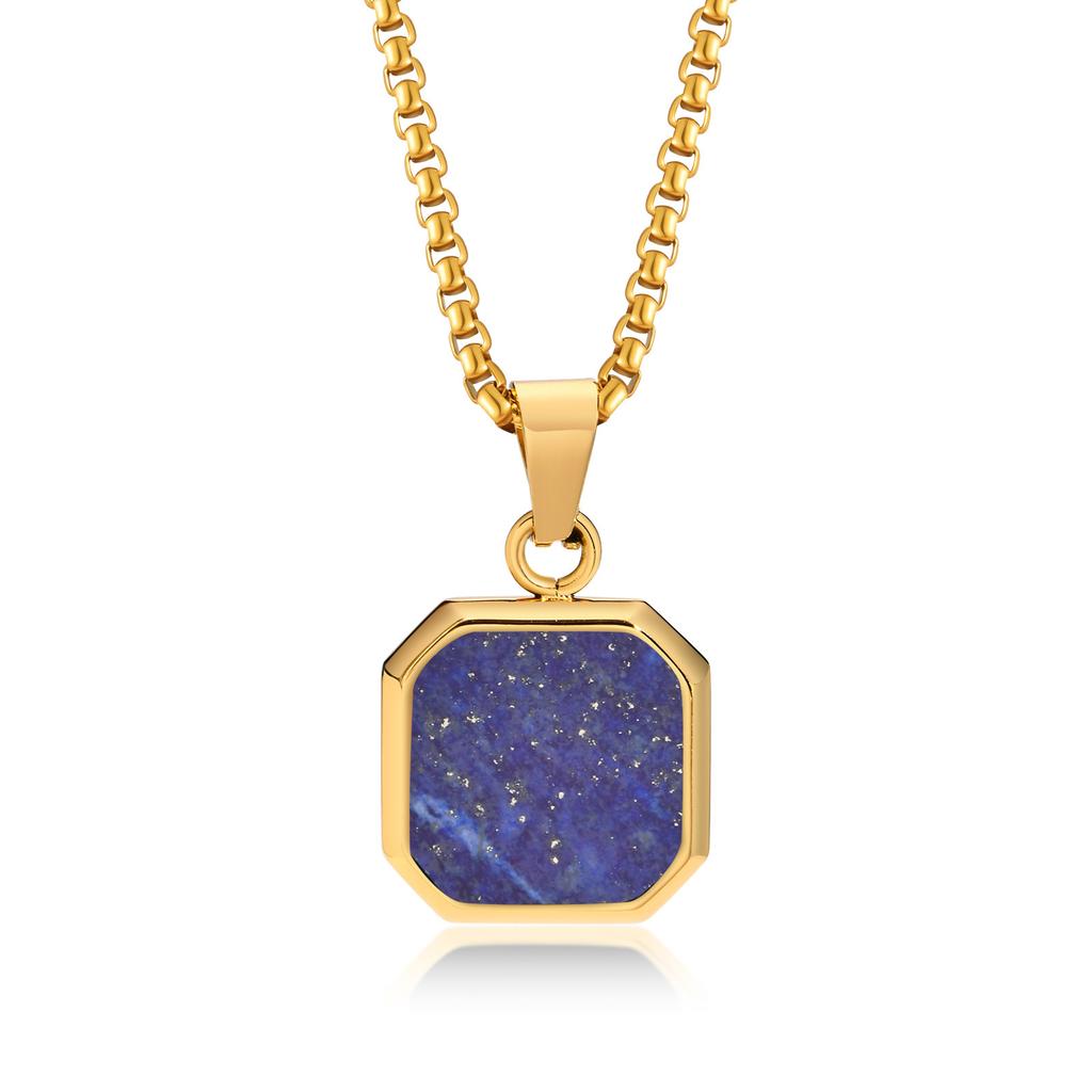 Vnox Mens Necklaces, Geometric Square Natural Stone Shell Pendant, Black Gold Color Stainless Steel Collar
