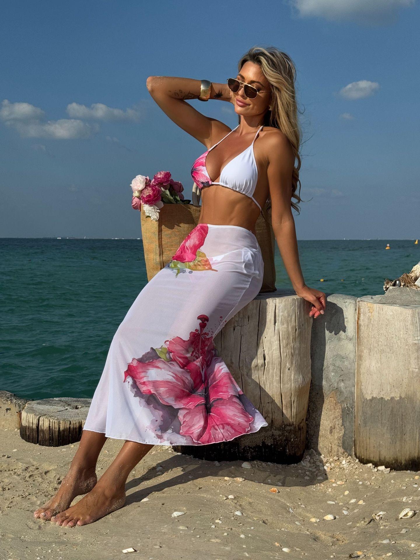 European and American fixed printing large flower three-piece mesh dress sexy bikini bikini S
