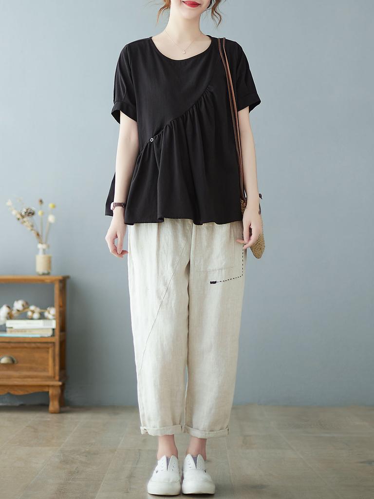 Women Loose Blouse Short Sleeved Flared Vintage Holiday T-Shirts