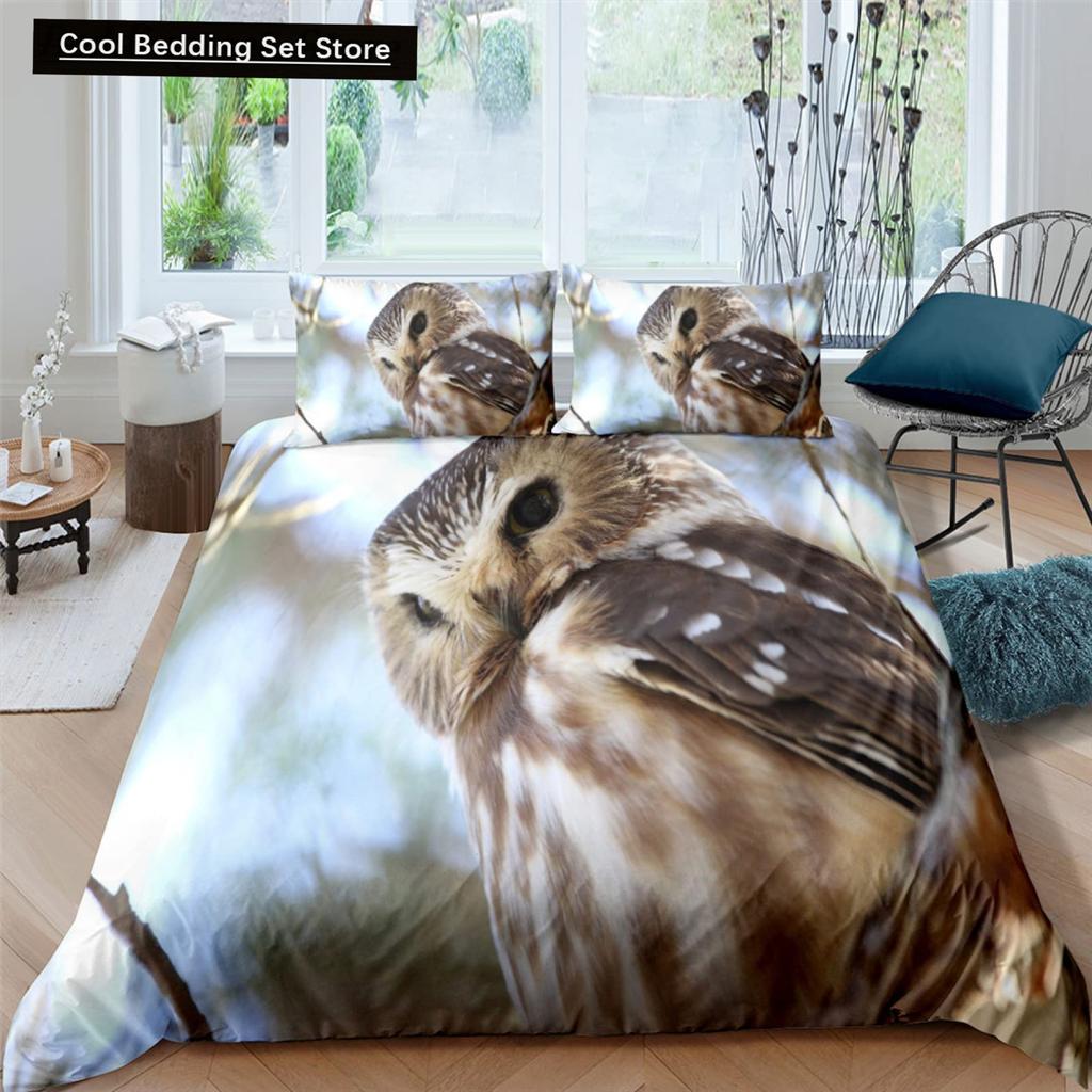 Black Owl King Queen Duvet Cover Moon Safari Bird Animal Bedding Set Lovely Wildlife Quilt Cover Grey Polyester Comforter Cover