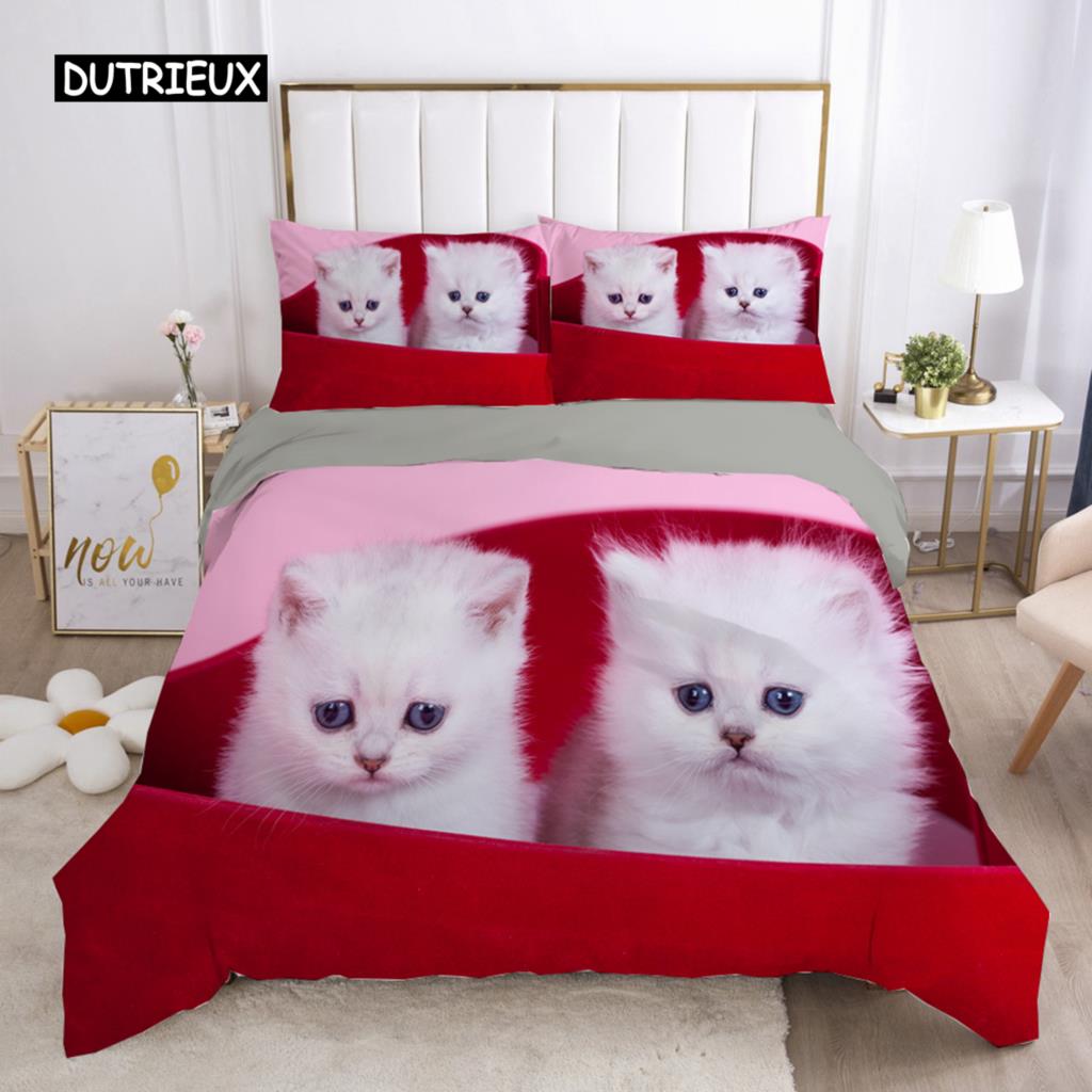 Cat Duvet Cover Set Lovely Animal Kitten Printed Quilt Cover Kids Teens Girl Animal Double Queen King Size Polyester Bedding Set