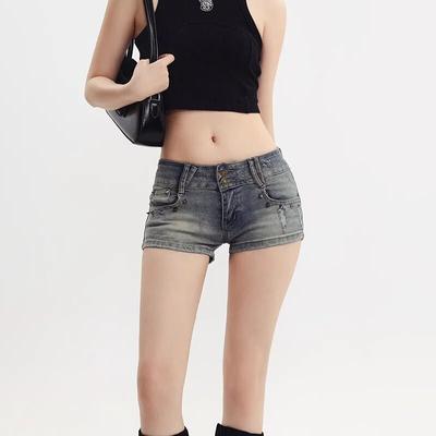 Sexy Blau Vintage Denim Shorts Frau Sommer Niedrige Taille Elastische Dünne Dünne Super Kurze Jeans Y2k Street Vielseitige Hosen