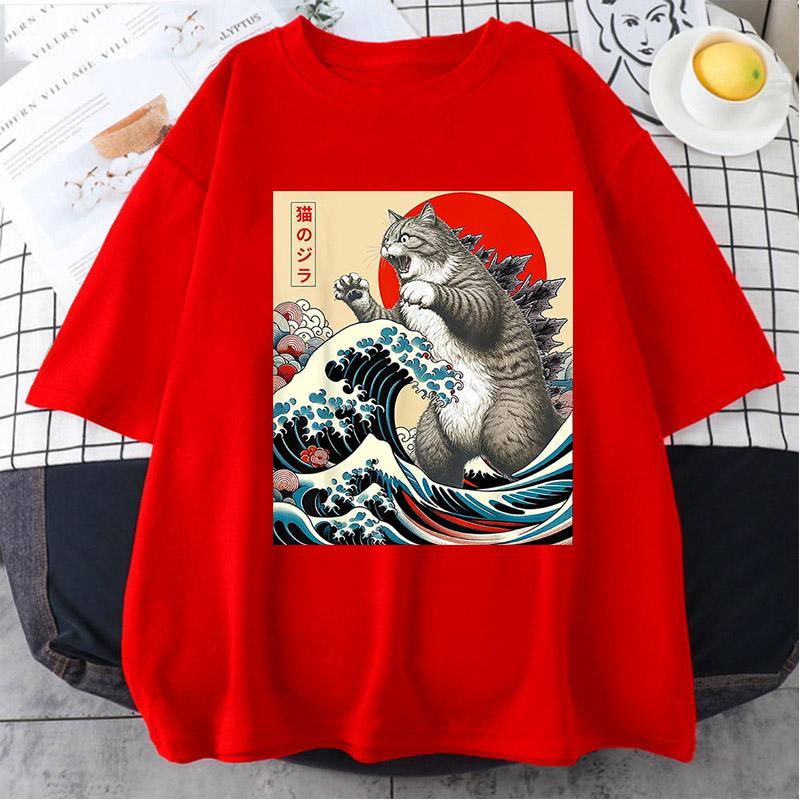 Anime Japanese Art Catzilla Cat Funny Cat Summer Sport T-Shirt Unisex Cartoon T Shirt O-neck Tops Tees Fashion Fitness T Shirt
