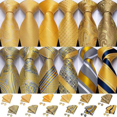 Luxuriöses goldgelbes Herren-Krawatten-Set, gestreifte Paisley-Krawatten, Seiden-Taschentuch-Manschettenknöpfe für das Business-Set