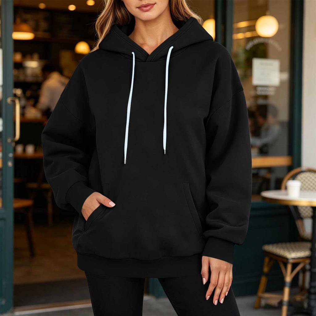 Women's Casual Long Sleeve Button Collar Hoodie with Pockets, Loose Fit Mid-Length