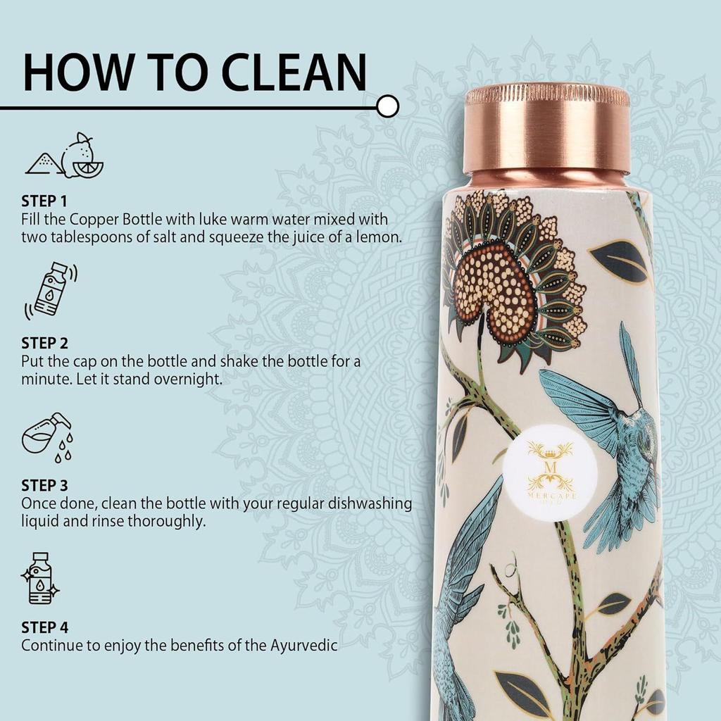 Láhev na vodu z čisté mědi 900 ml se skleněnou sadou Best Tamba v tištěném designu (900 ml 2x 300 ml)
