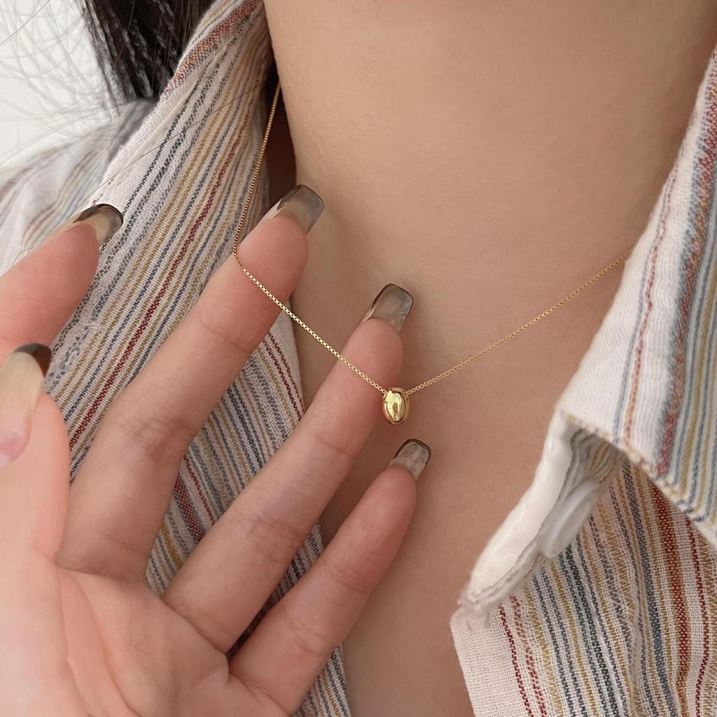 Fashion Jewelry 925 Sterling Silver Minimalist Oval Small Beans Bead Pendant Gold Plated Necklaces for Women