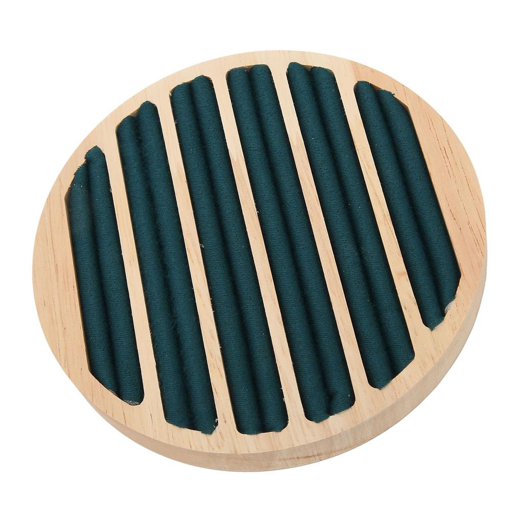 Wood 6 Slots Round Shape Ring Earring Storage Tray Green Flannel Display Jewelry Holder