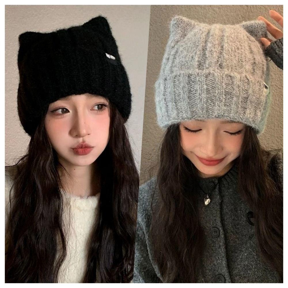 Solid Color Fleece-lined Warmth Knitted Beanies Hip Hop Anti-cold Winter Autumn Hats Outdoor Cat Ear Warm Ear Protection