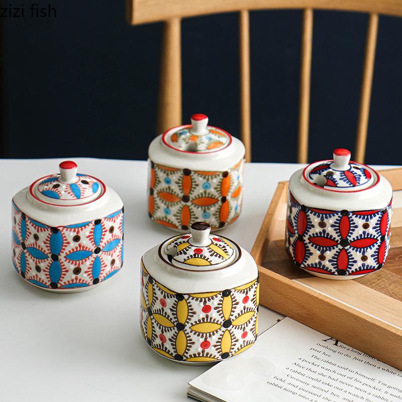 Hand Drawn Ceramic Seasoning Pot Kitchen Spice Container Oil Can Vinegar Pot Seasoning Bottle Ceramic Jar Spice Jar Oil Pots