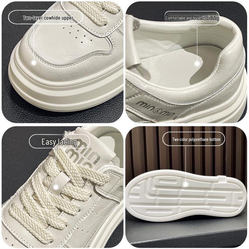 Women's Trendy White Genuine Leather Platform Sneakers - 2025 Spring/Autumn - Height-Enhancing, Thick-Soled, Lace-Up, Street-Style