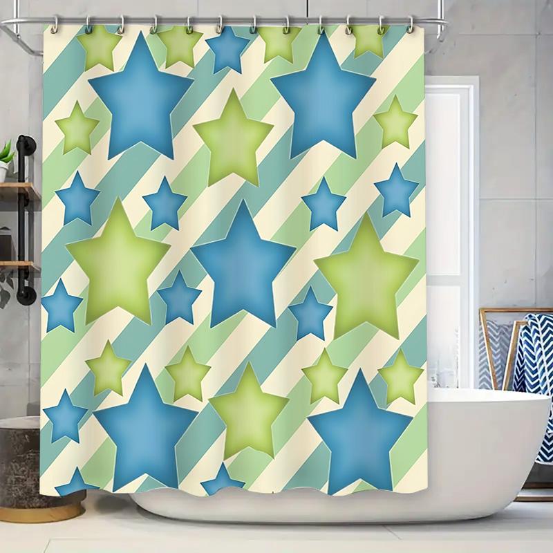 

Colorful Star Pattern Waterproof Shower Curtain For Bathroom With Hooks Blue Green Design Ideal For Kids Adults Decor Easy-Clean W60H190(CM)-1 Pcs